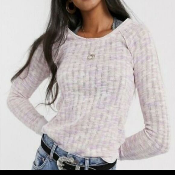 We The Free Spaced Out Long Sleeve Top Knit Pink Combo Large NWT - Picture 5 of 8